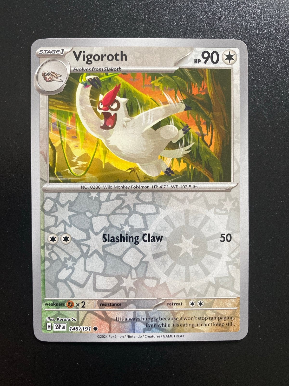Vigoroth 146/191 Reverse Holo Pokémon Surging Sparks, Ophalen of Verzenden, Zo goed als nieuw, Losse kaart, Foil