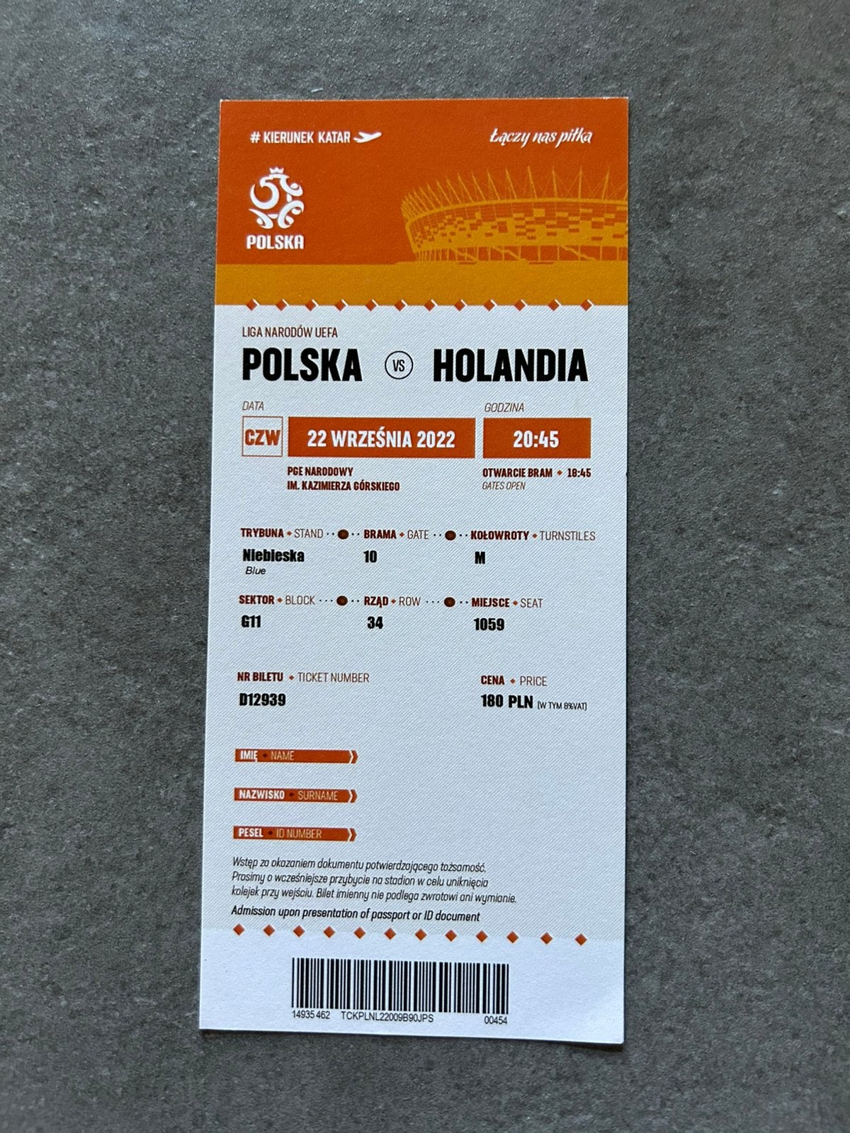 Polen - Nederland ticket, Verzamelen, Ophalen of Verzenden, Overige binnenlandse clubs, Overige typen