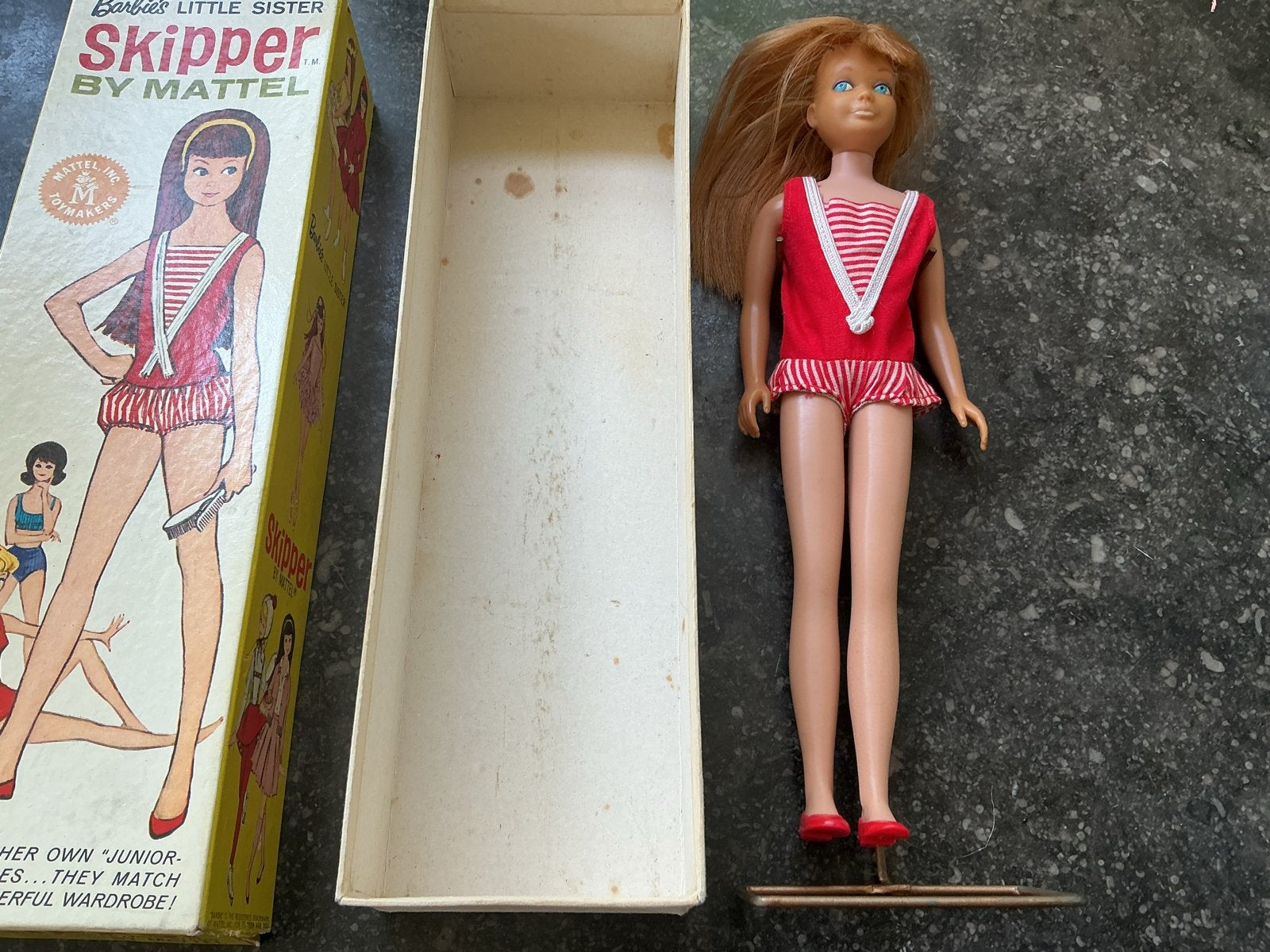 Vintage Skipper pop (1963) met originele verpakking, Ophalen of Verzenden, Gebruikt, Barbie