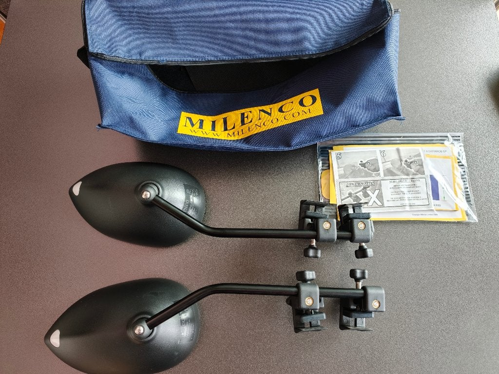 Milenco Aero 4 vlak caravanspiegel (set van 2) met opbergtas, Ophalen of Verzenden, Zo goed als nieuw