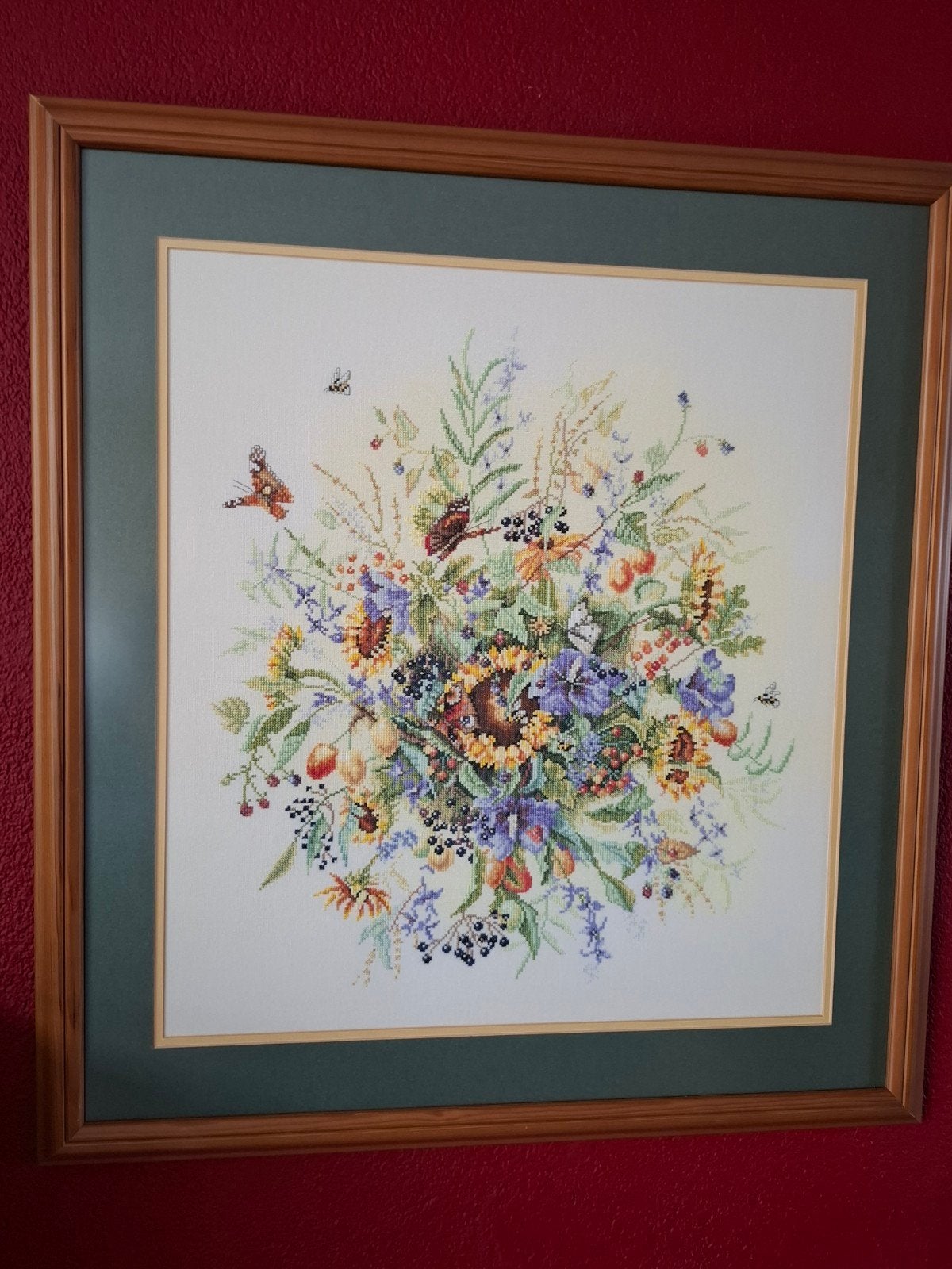 Borduurwerk in lijst - Bloemen en Vlinders, Ophalen, Zo goed als nieuw, Handborduren, Overige typen