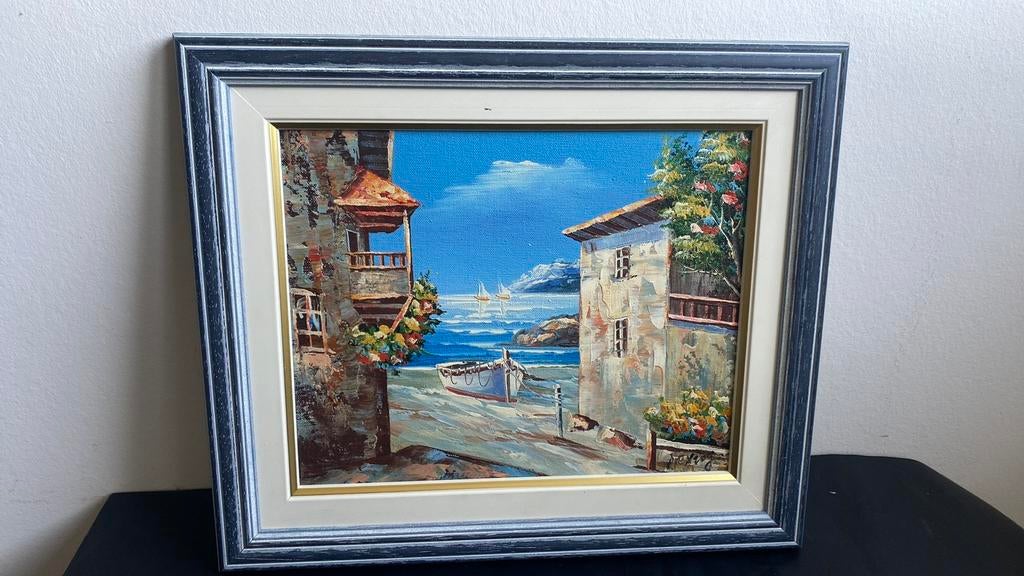 Rhodos Schilderij - Handgeschilderd & Ingelijst, Antiek en Kunst, Ophalen of Verzenden