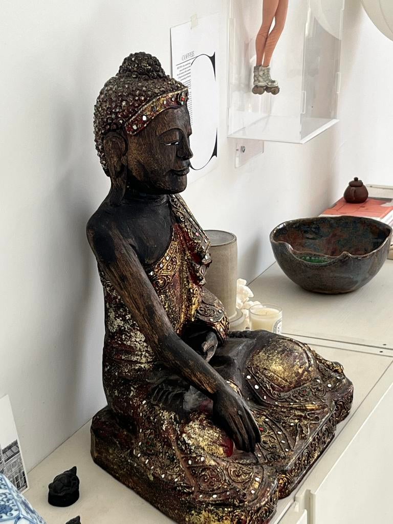 Antique Carved Tibetan Buddha Statue Wood Gilt Buddhism, Ophalen of Verzenden