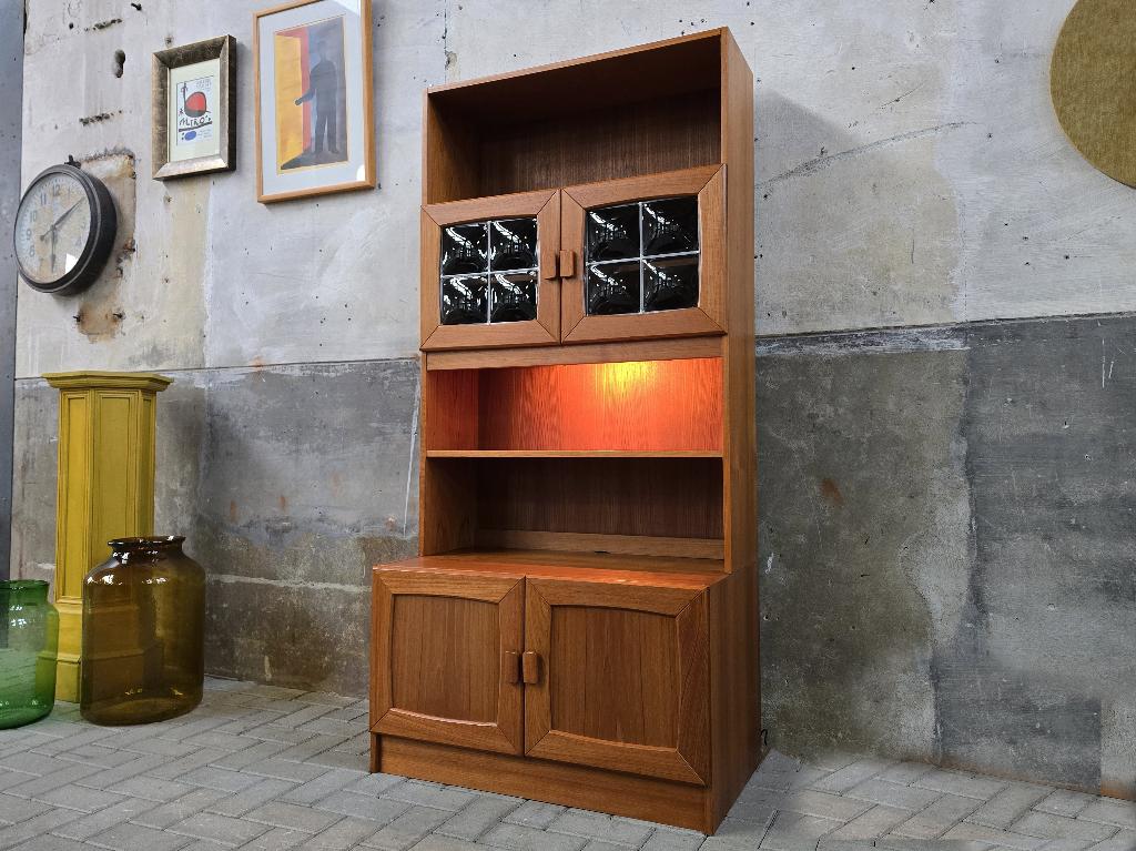Mid Century Teak Wandmeubel | Vintage Hoog Highboard Kast 2, Glas, Ophalen of Verzenden, Minder dan 150 cm, 150 tot 200 cm