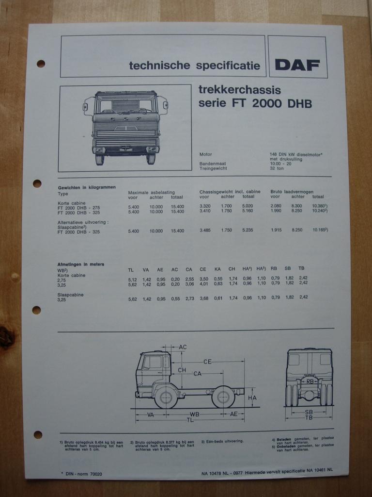 DAF FT 2000 DHB Technische Specificatie folder 1977 – 4x2, Ophalen of Verzenden, Zo goed als nieuw, Overige merken, DAF