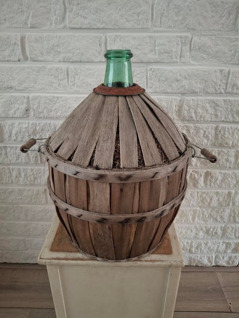 Vintage Franse Dame Jeanne fles in houten mand, Antiek en Kunst, Ophalen