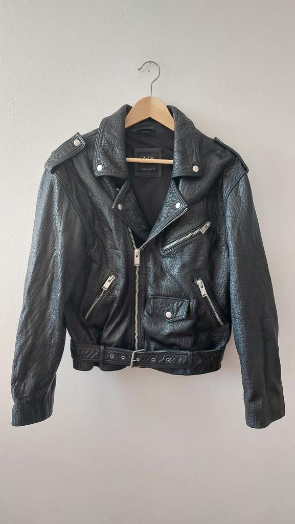 Zara zware leren biker jacket L, Ophalen of Verzenden, Zo goed als nieuw, Maat 52/54 (L), Zwart