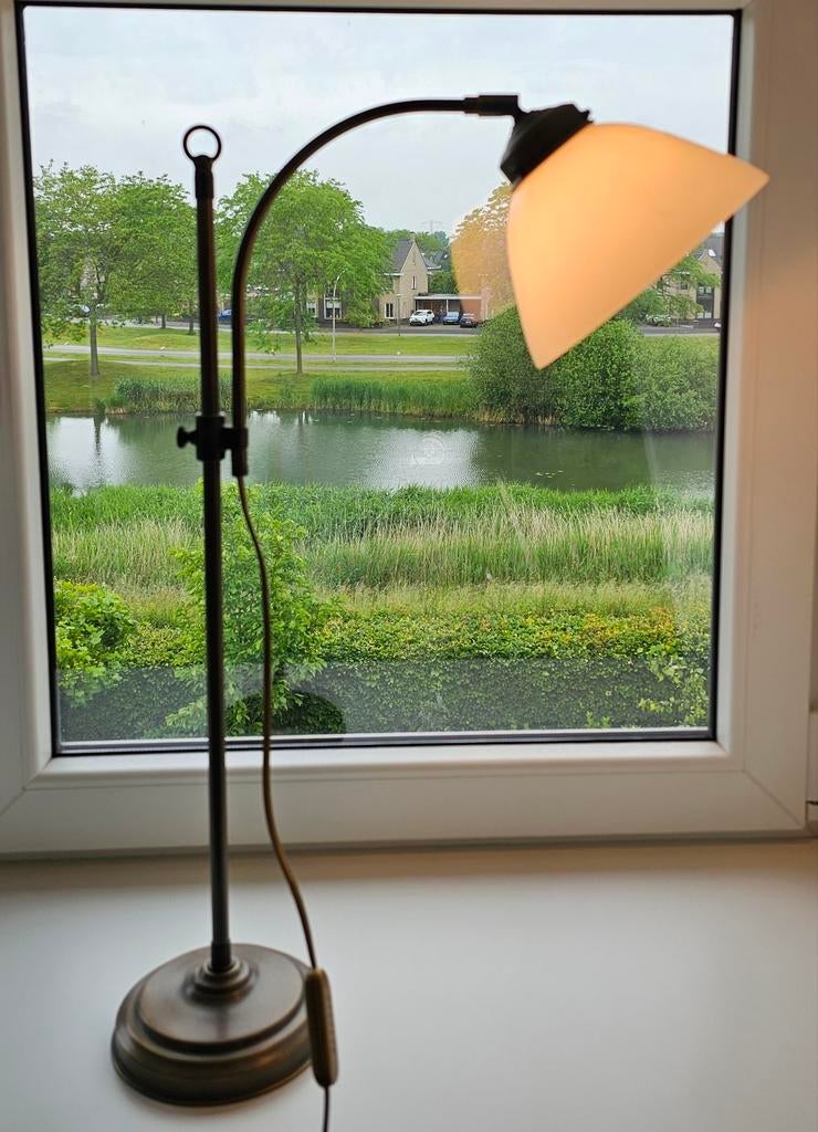 Bronzen staande lamp met glazen kap, Vintage, Ophalen of Verzenden, Zo goed als nieuw, Glas