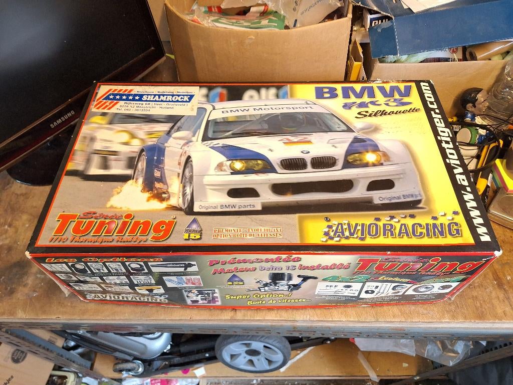 Oude grote RC auto op benzine BMW M3 in originele doos, Ophalen of Verzenden, Zo goed als nieuw, Overige schalen, Auto onroad
