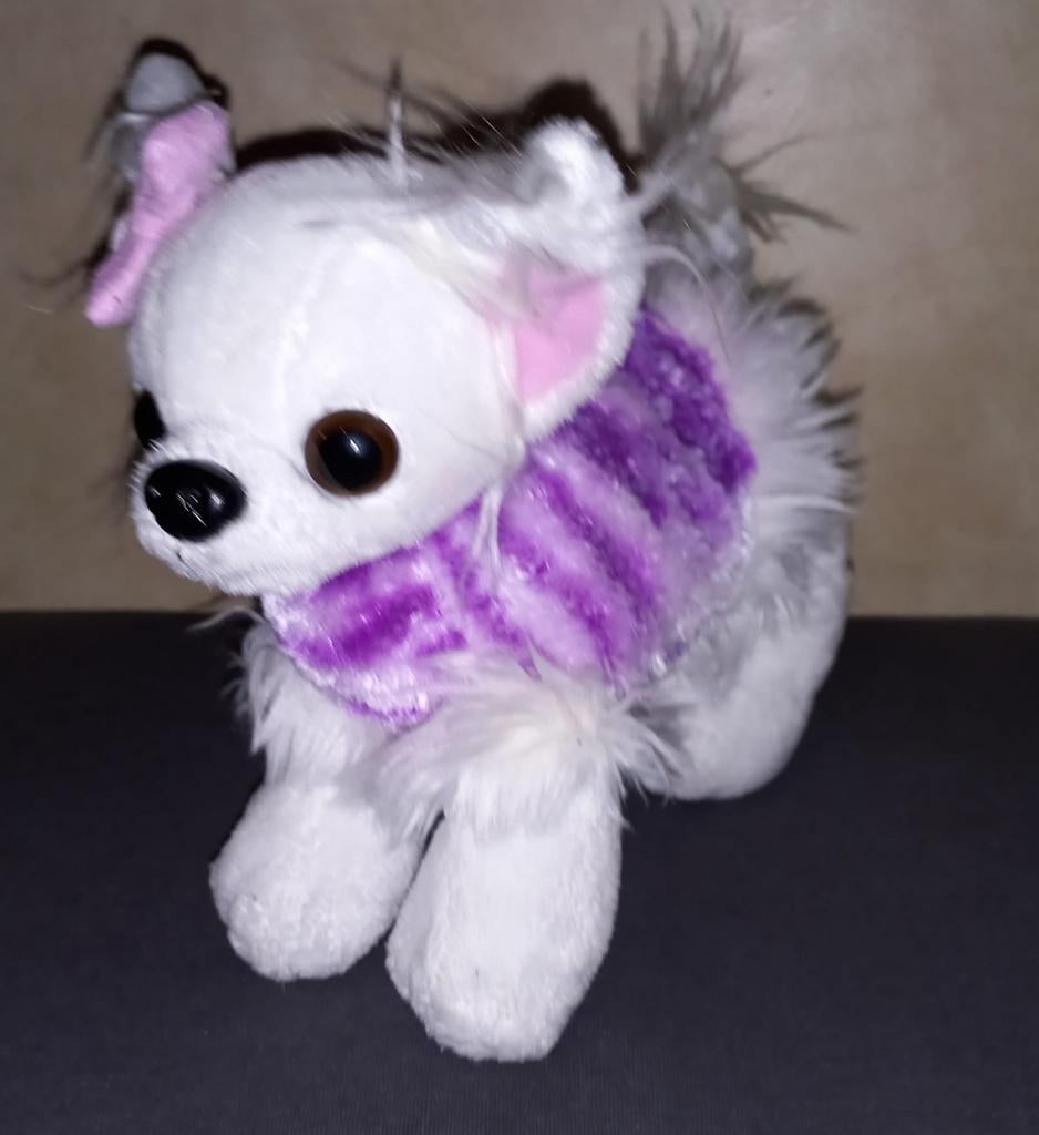 Sjieke Chihuahua Knuffel, Wit met Paars Jasje en Strikje, Ophalen of Verzenden, Zo goed als nieuw, Hond