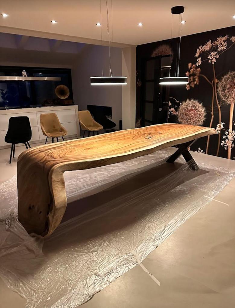 Boomstamtafel Suar watervaltafel rond organisch alle maten, Huis en Inrichting, Ophalen of Verzenden, Nieuw, Rechthoekig, 200 cm of meer