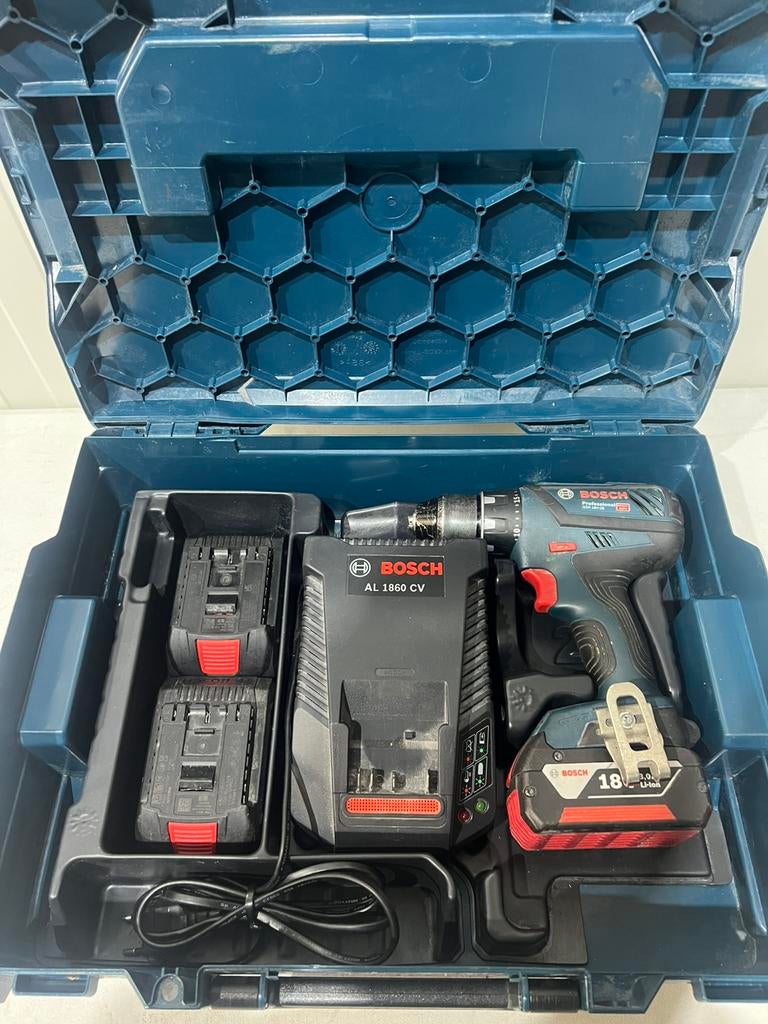 Bosch GSR 18V-28 Boormachine set – Koffer, 3 accu’s & lader, Ophalen of Verzenden, Zo goed als nieuw, Boor- en Schroefmachine