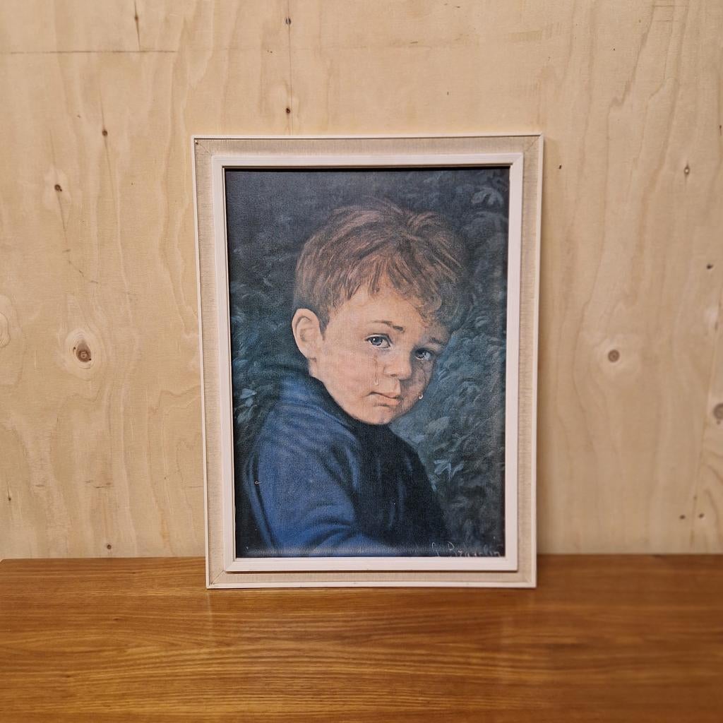 Jaren 70 retro schilderij huilend kind Bragolin crying  boy, Gebruikt, Kolibri vintage, Ophalen of Verzenden, Hout