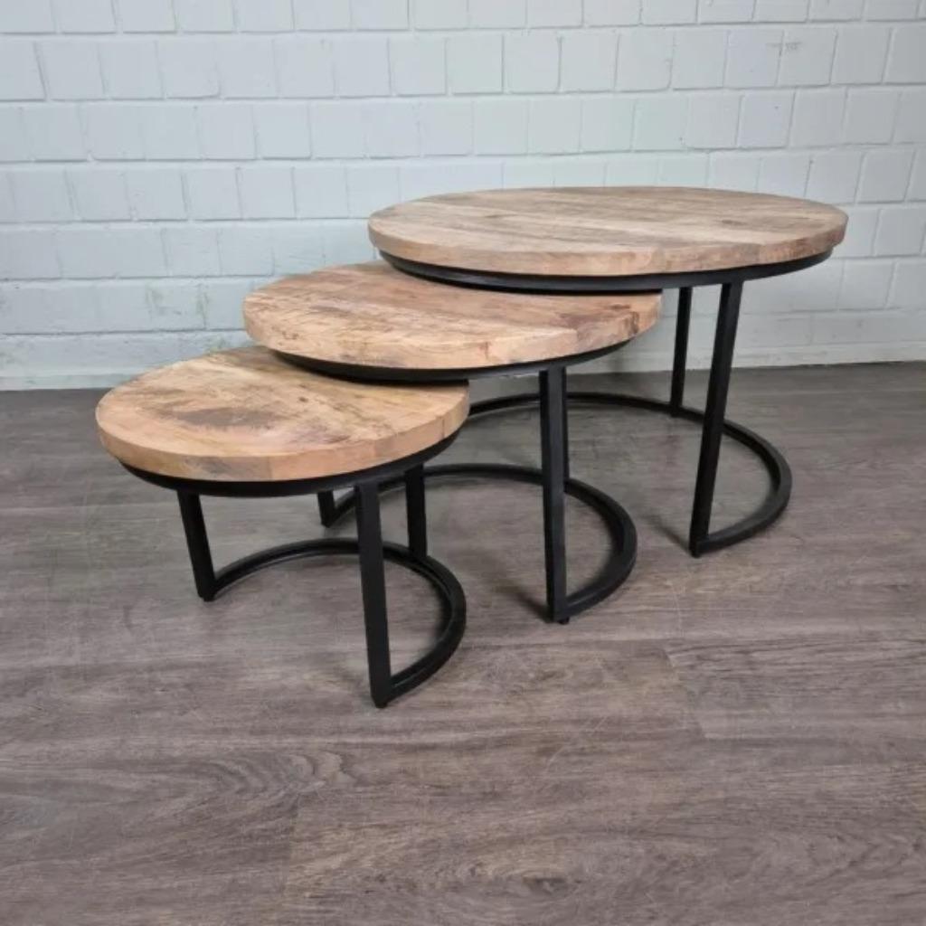 24735 Set Salontafeltjes Mangohout 0,77 m / 0,58 m / 0,43 m, Ophalen, Minder dan 55 cm, Rond, Nieuw