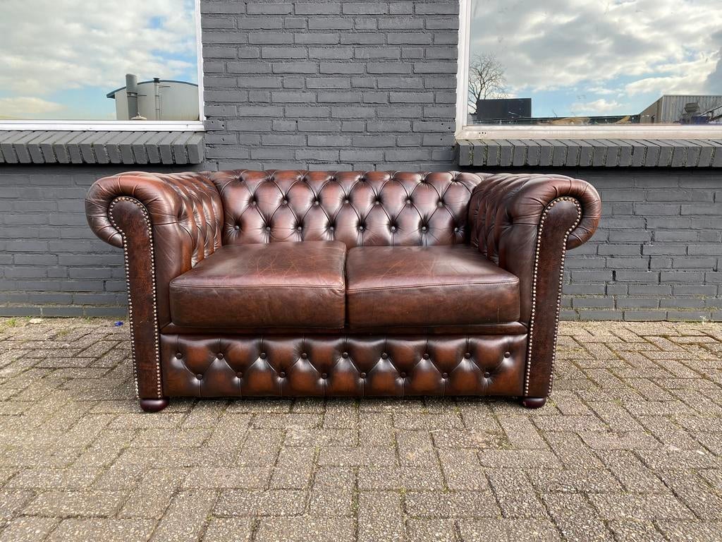 Prachtge Chesterfield bank bruin gevlamd, Ophalen of Verzenden, Gebruikt, 75 tot 100 cm, Leer