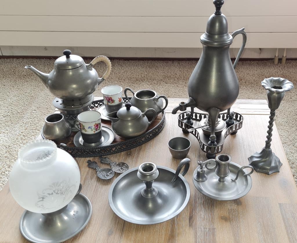 Antiek tinnen thee-/koffieservies + accessoires, Antiek en Kunst, Antiek | Tin, Ophalen