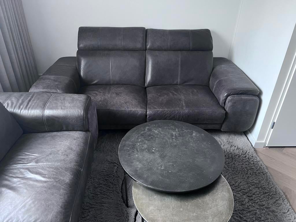 Luxe woonkamer & eetkamer set – echt leer en massief hout, Ophalen, Zo goed als nieuw, Leer, Leren bank