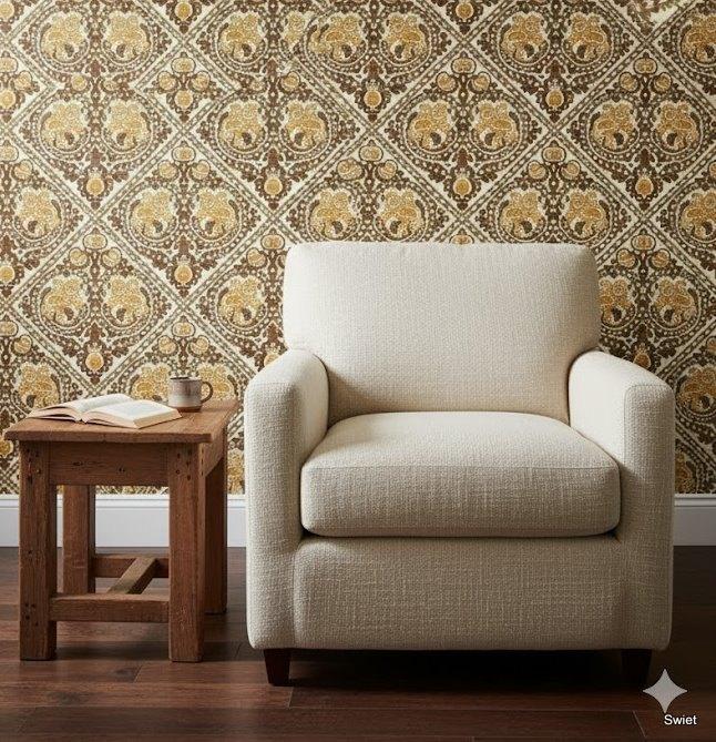 6778 oker barok ruit vinyl vintage behang swiet leeuwen, Ophalen of Verzenden, 25 tot 50 m², Bruin