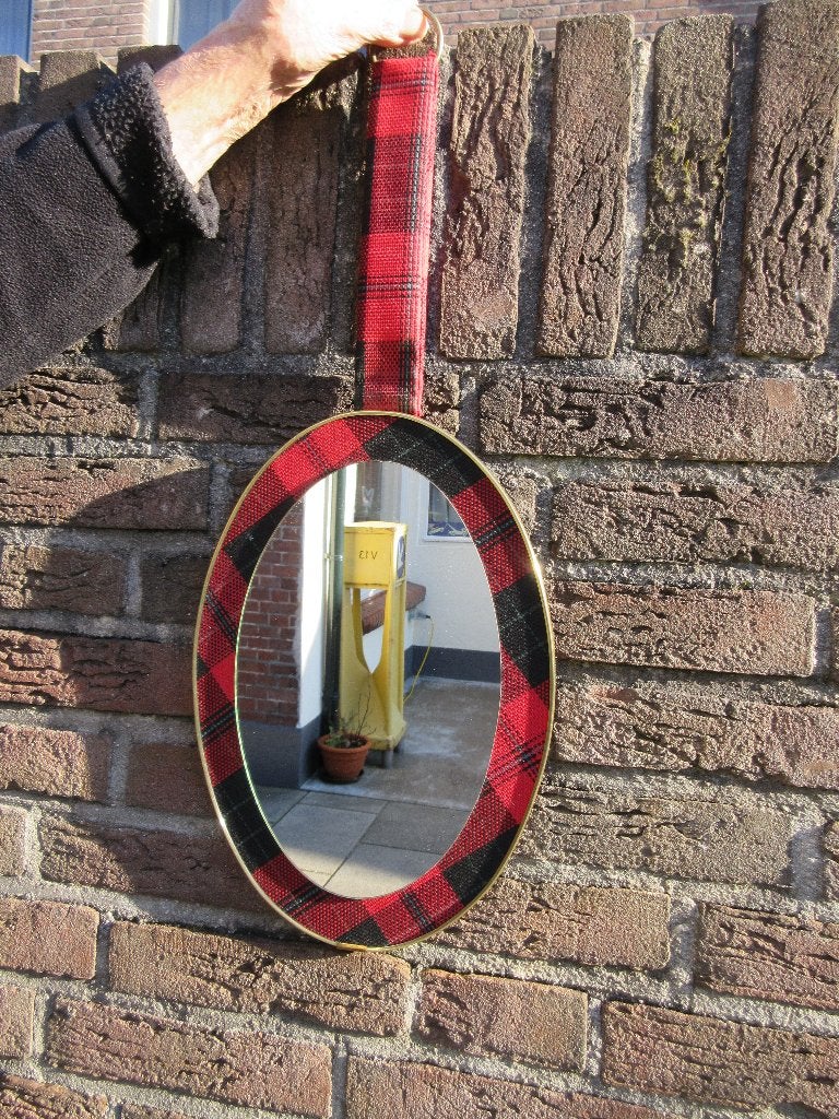 Vintage mid century ovale schotse ruit wandspiegel, Huis en Inrichting, Minder dan 50 cm, Ophalen of Verzenden, Zo goed als nieuw