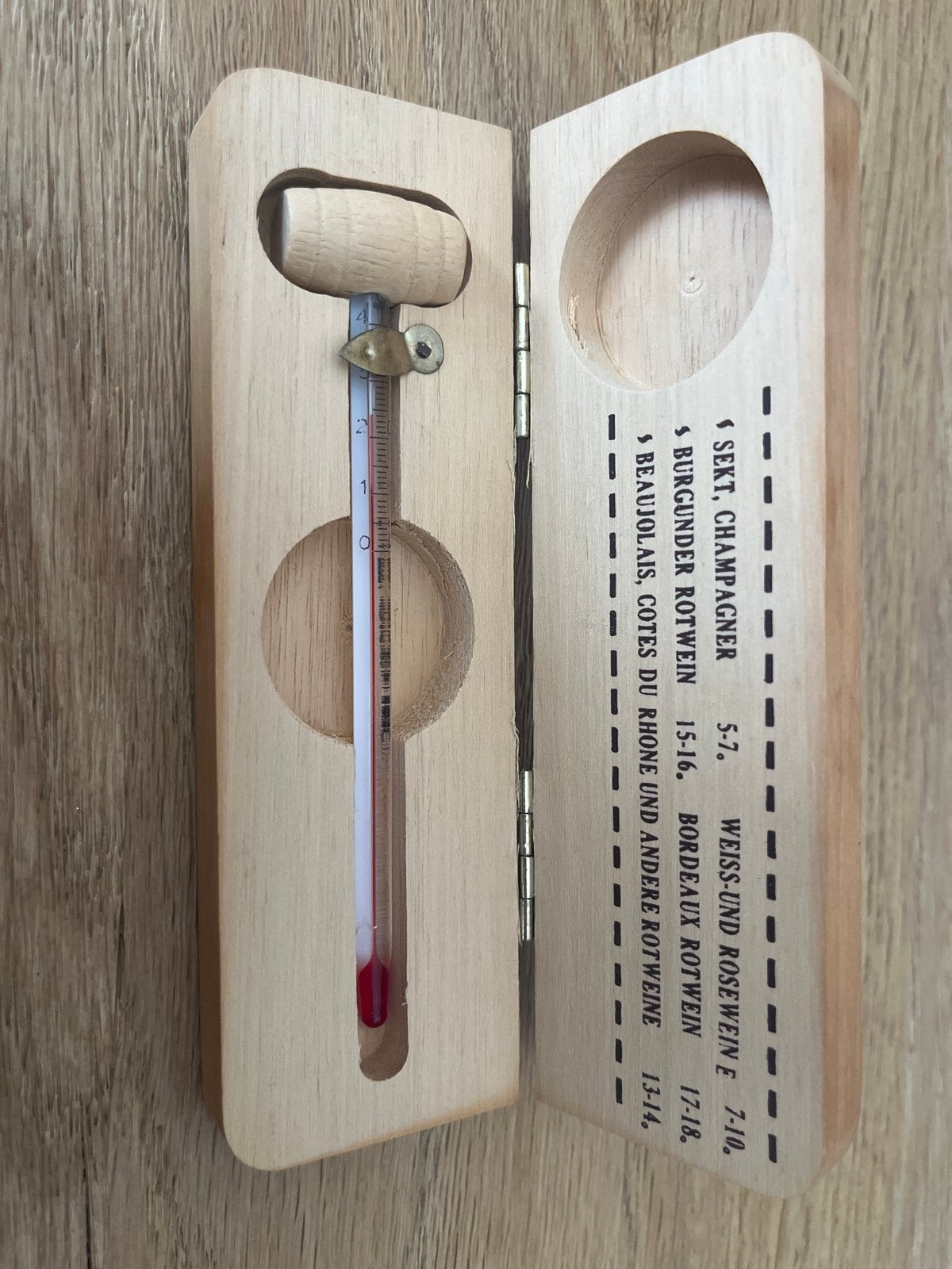 Wijnthermometer in houten kistje - Vintage, Ophalen of Verzenden, Zo goed als nieuw