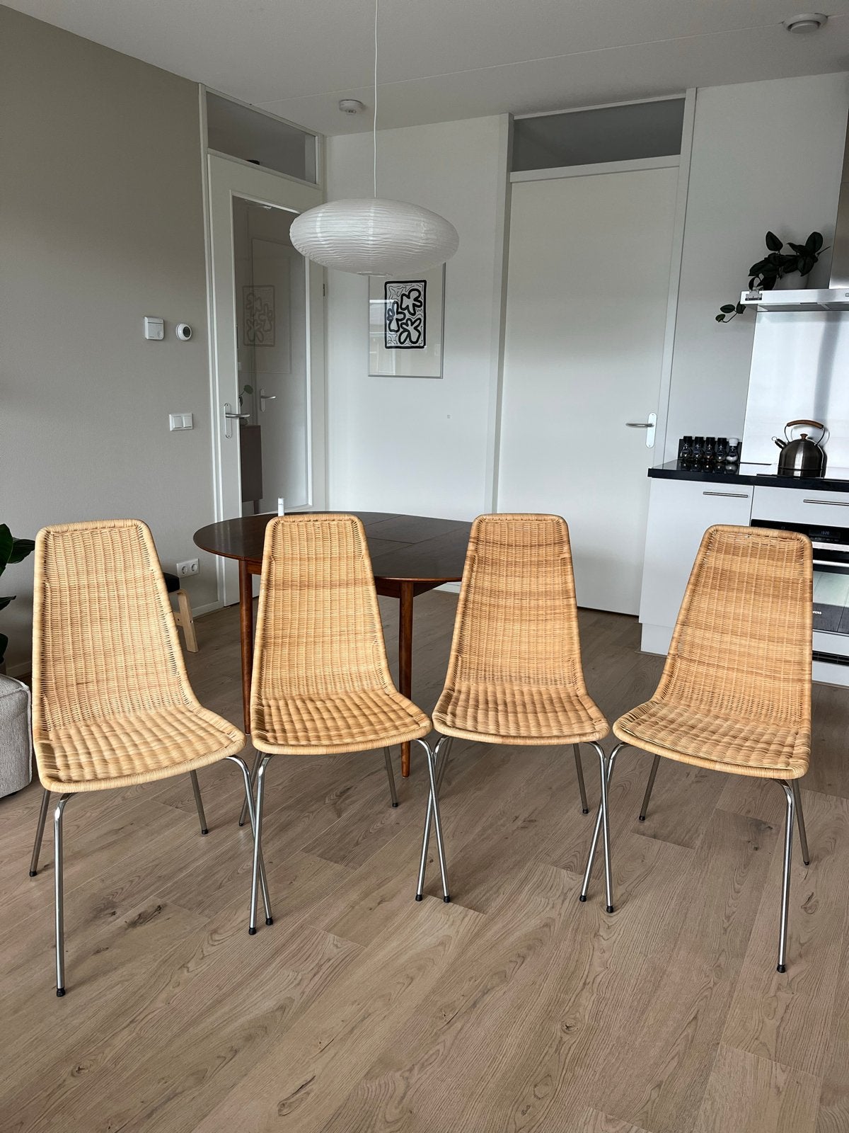 Set van 4 vintage IKEA LINUS eetkamerstoelen, rotan & chroom, Ophalen, Franco Campi et Carlo Graffi, Overige kleuren, Riet of Rotan
