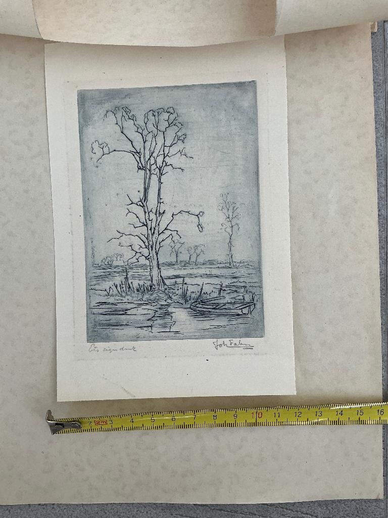 Ets van Johan Faber. Lid van kunstkring Groninger Ploeg., Met tekst, Landschap, 1900 - 1949, Verzenden