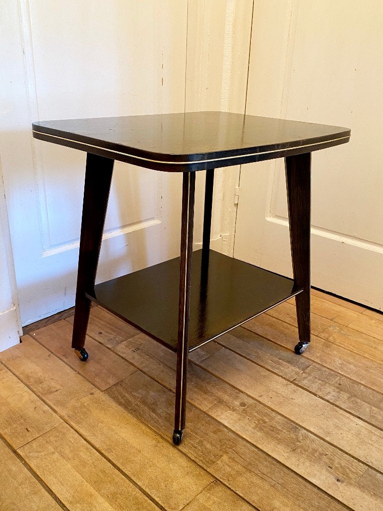 Vintage Mid-Century tv-tafel/trolley met wielen/messing bies, Ophalen, Gebruikt, 55 tot 75 cm, Mid Century Modern Scandinavisch