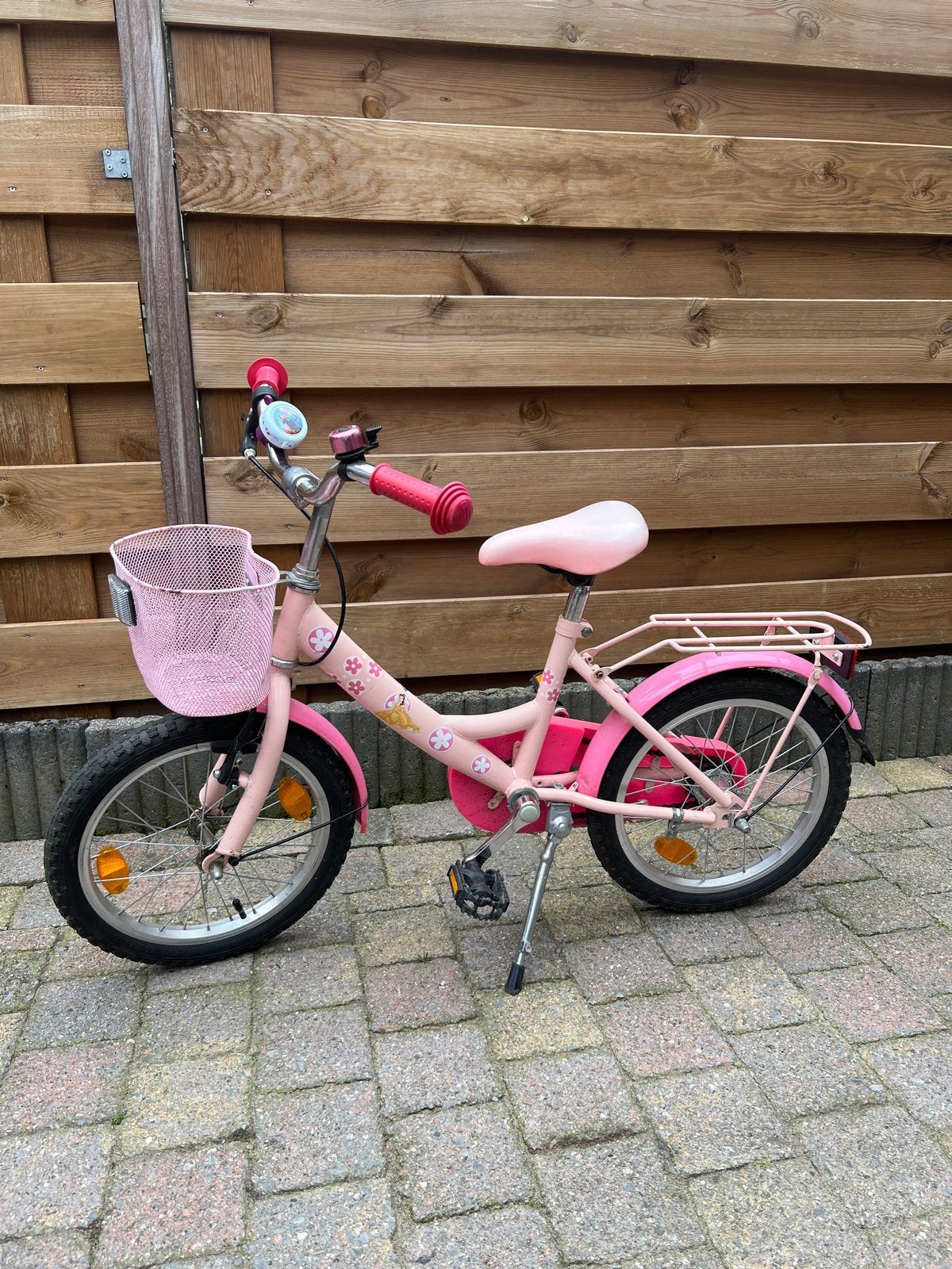 Roze kinderfiets, Ophalen, Gebruikt, Velgrem, 16 tot 20 inch
