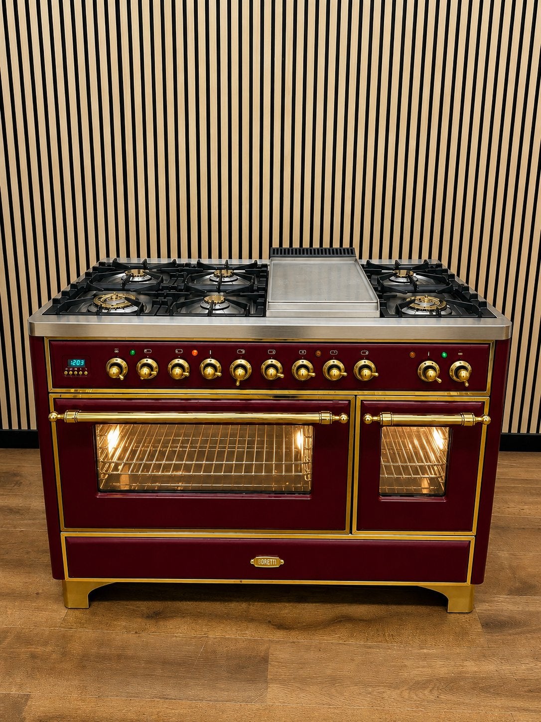 Luxe Boretti Majestic Fornuis Bordeaux rood/Messing 121 cm, Witgoed en Apparatuur, Fornuizen, Fornello Esperta, Ophalen of Verzenden