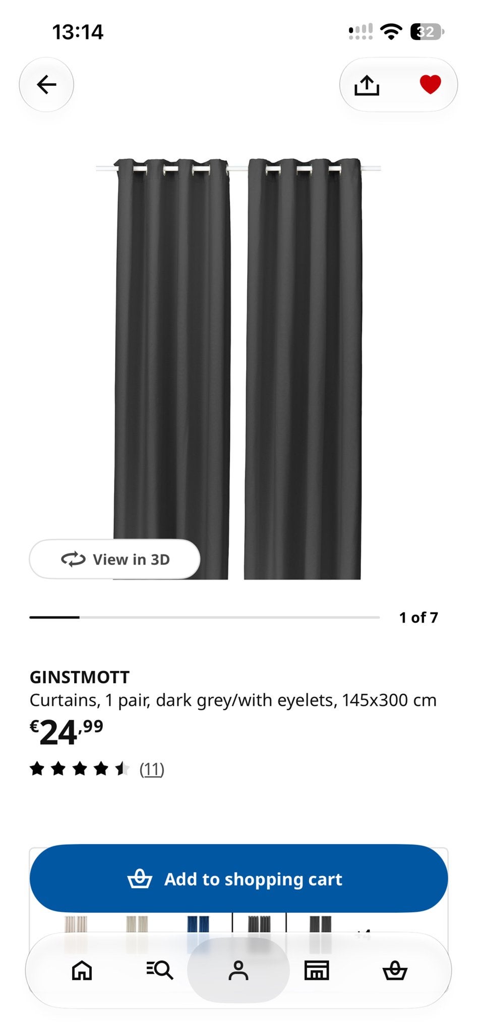 IKEA GINSTMOTT Gordijnen - Donkergrijs, 145x300 cm, Met ringen, Overgordijn, Ophalen of Verzenden, Zo goed als nieuw