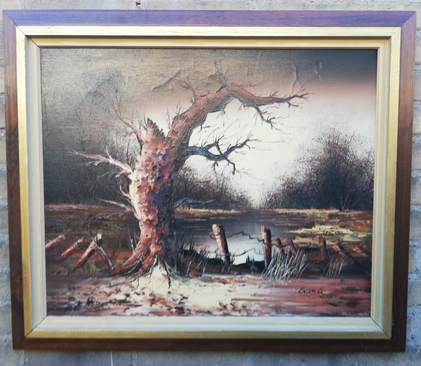 Brands. Gehavende boom in landschap. Olie/doek. 73/63 cm., Ophalen, 50 – 75, Oorspronkelijke maker, Zo goed als nieuw