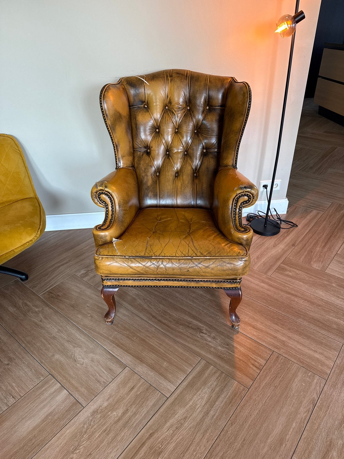 Engelse oorfauteuil - Vintage leer, Ophalen, Gebruikt, Leer