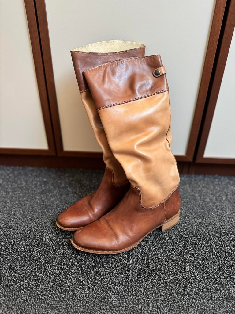 Bruin met beige leren laarzen maat 36, Ophalen of Verzenden, Zo goed als nieuw, Bruin, Hoge laarzen