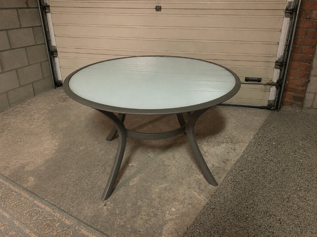 Ronde tuintafel met wit melkglas blad (70 cm * 120 cm), Tuin en Terras, Tuintafels, Ophalen, Gebruikt, Rond, Kunststof