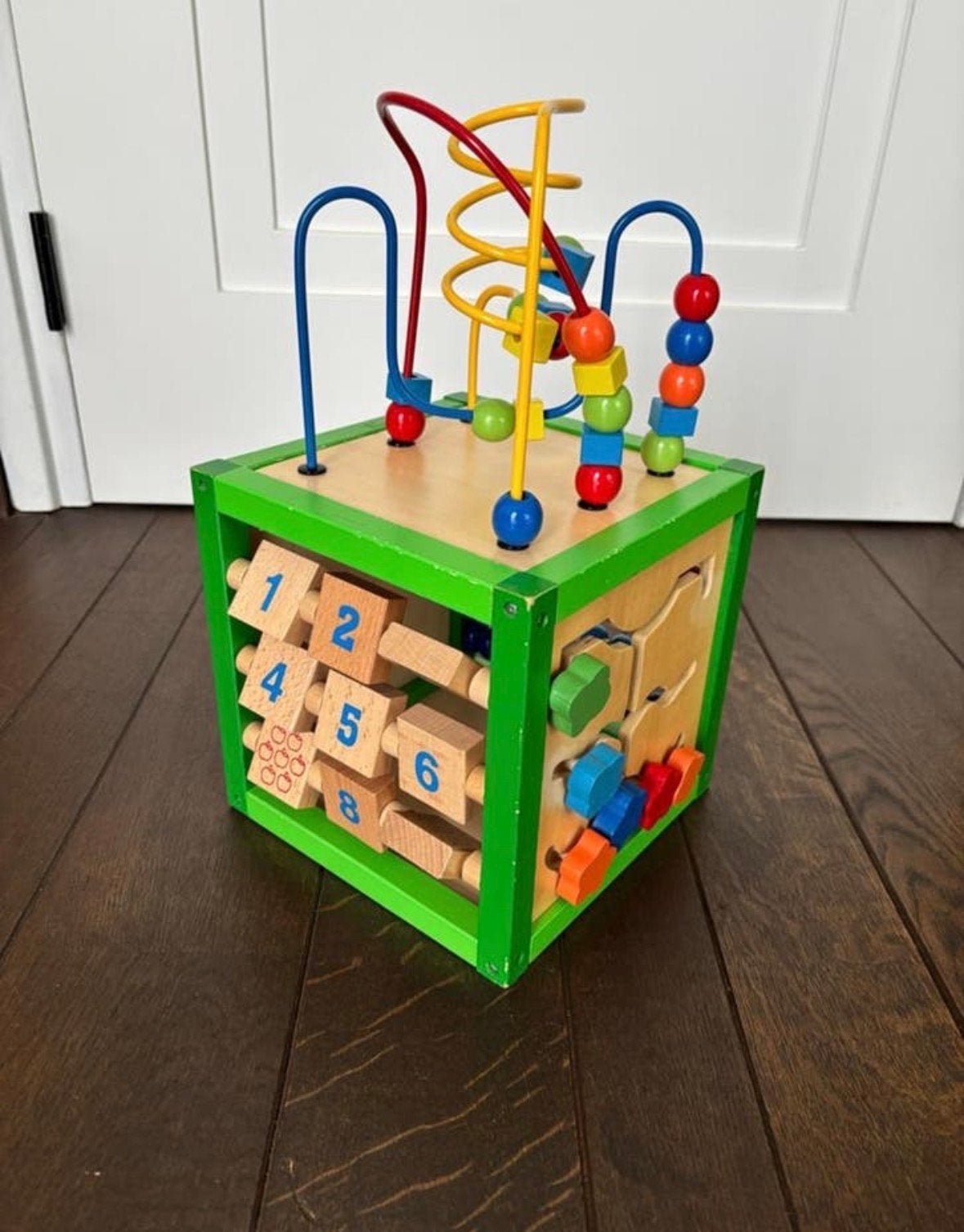 Houten Activiteitenkubus met Kralenframe en Telraam, Kinderen en Baby's, Speelgoed | Houten speelgoed, Ophalen of Verzenden, Gebruikt
