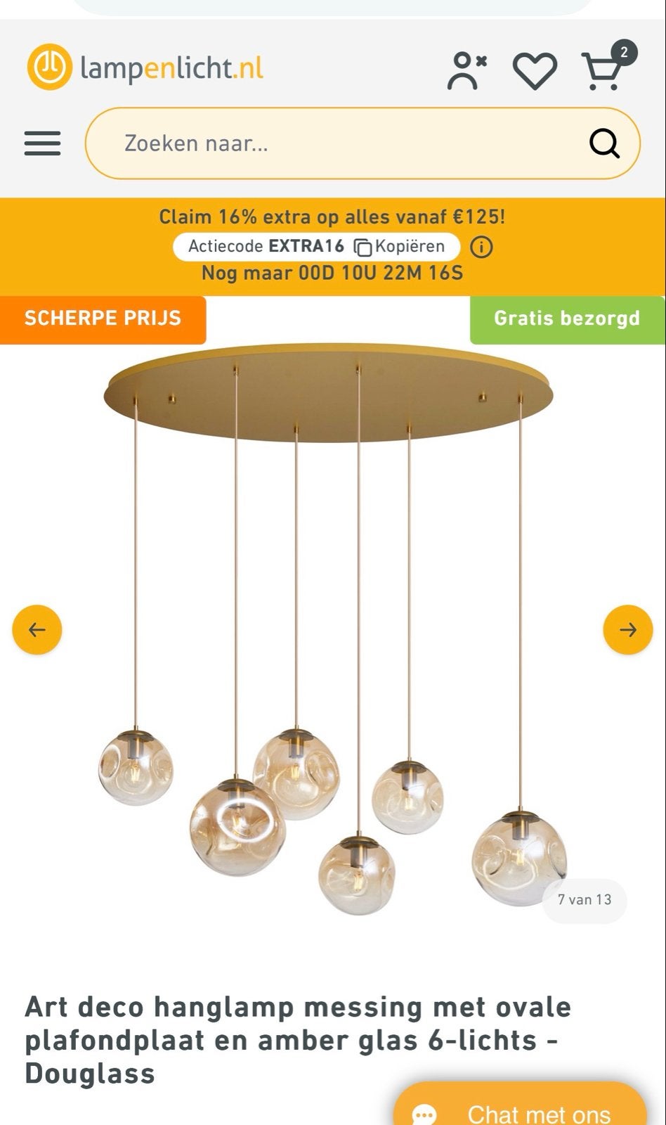 Art Deco Hanglamp Messing met Amber Glas 6-lichts - Douglass, Huis en Inrichting, Ophalen of Verzenden, Nieuw, Glas, Overige fittingen