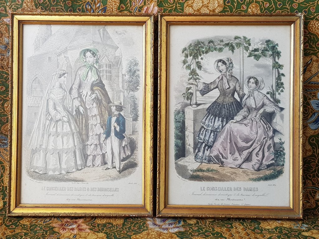 Twee mooie antieke ingelijste mode gravures uit Frankrijk., Antiek en Kunst, Kunst | Etsen en Gravures, 1800 - 1899, Ingelijst