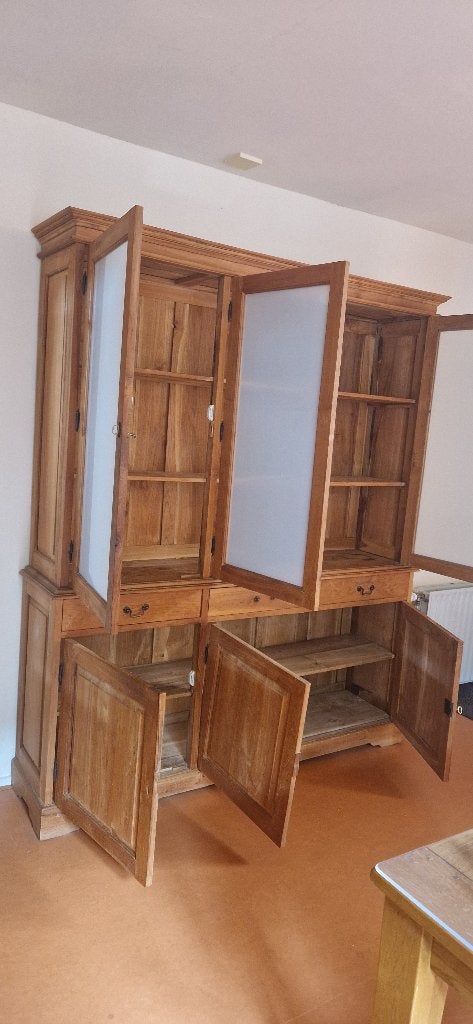 Teak houten buffet vitrine kast, Ophalen, Gebruikt, Met deur(en), 200 cm of meer