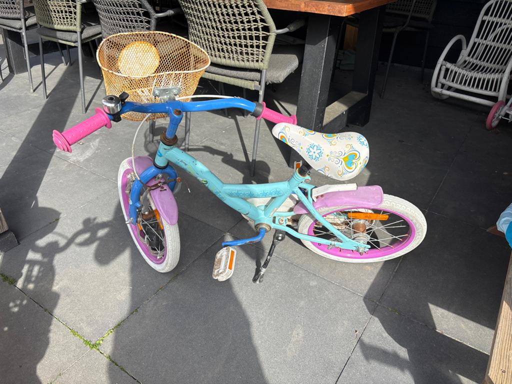 Kinderfiets Frozen met mandje - 16 inch, Ophalen, Gebruikt, Velgrem, 16 tot 20 inch