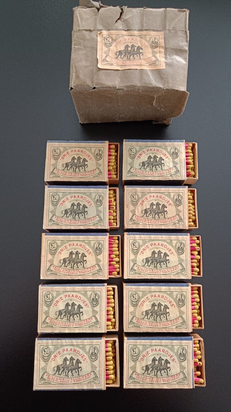 Vintage houten luciferdoosjes 'Drie Paardjes', Ophalen of Verzenden, Gebruikt, Luciferdoosjes of -merken