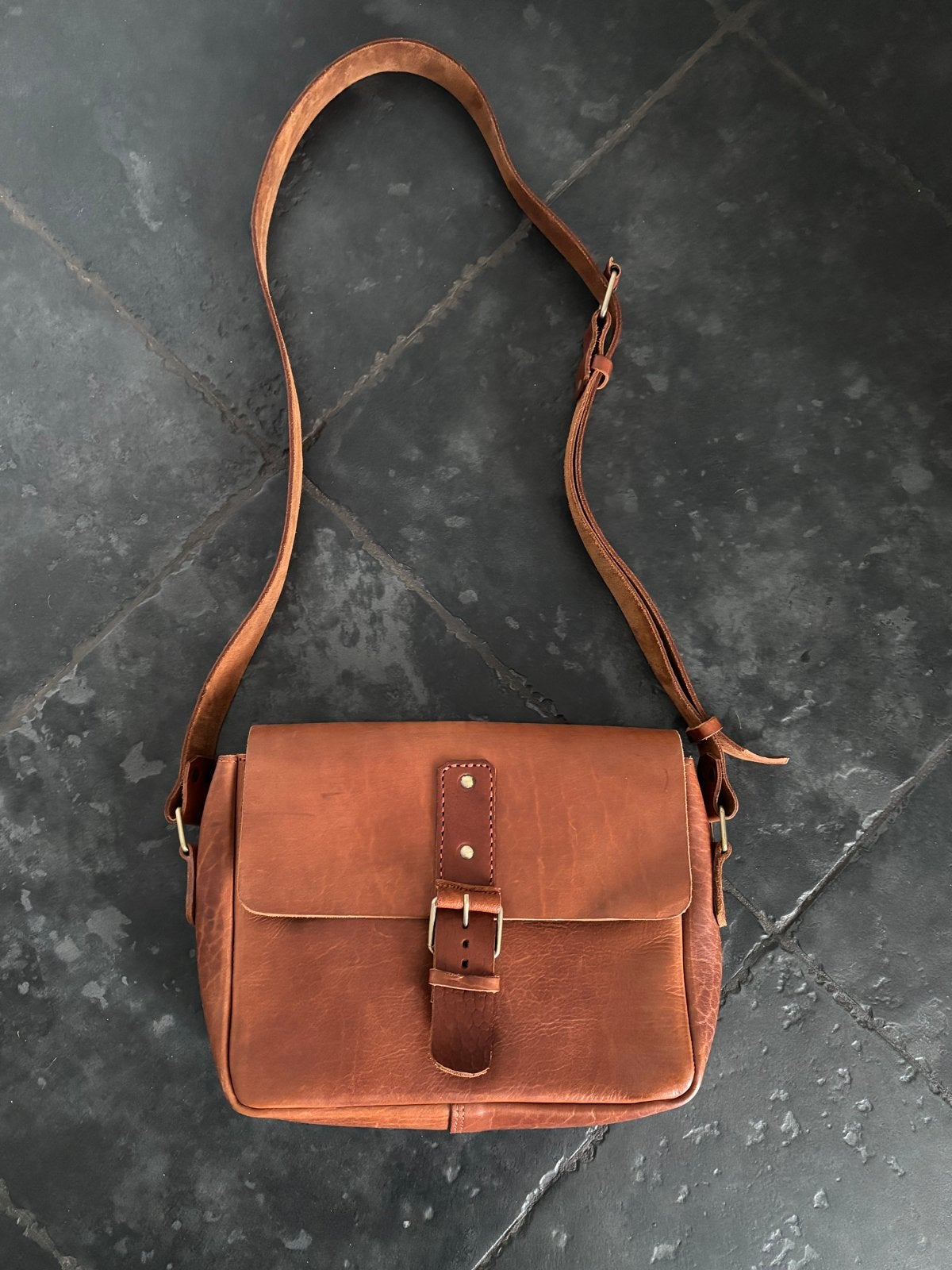 Leren schoudertas - Bruine cognac crossbody tas leer, Ophalen, Gebruikt, Bruin, Schoudertasje