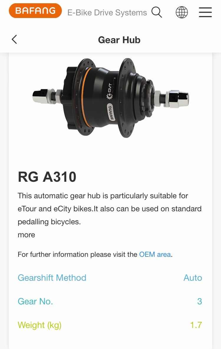Bafang gear hub Rg A310 3 Snelheden automatisch Hub l, BAFANG, Overige typen, Ophalen of Verzenden, Nieuw