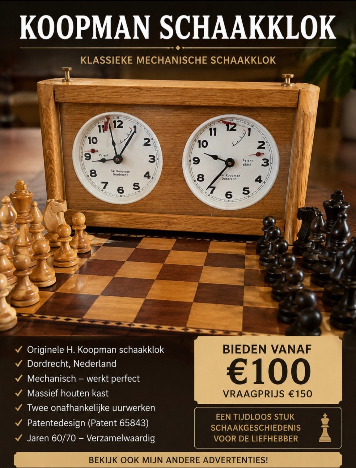 Retro Koopman schaakklok, Antiek en Kunst, Antiek | Klokken, Ophalen of Verzenden