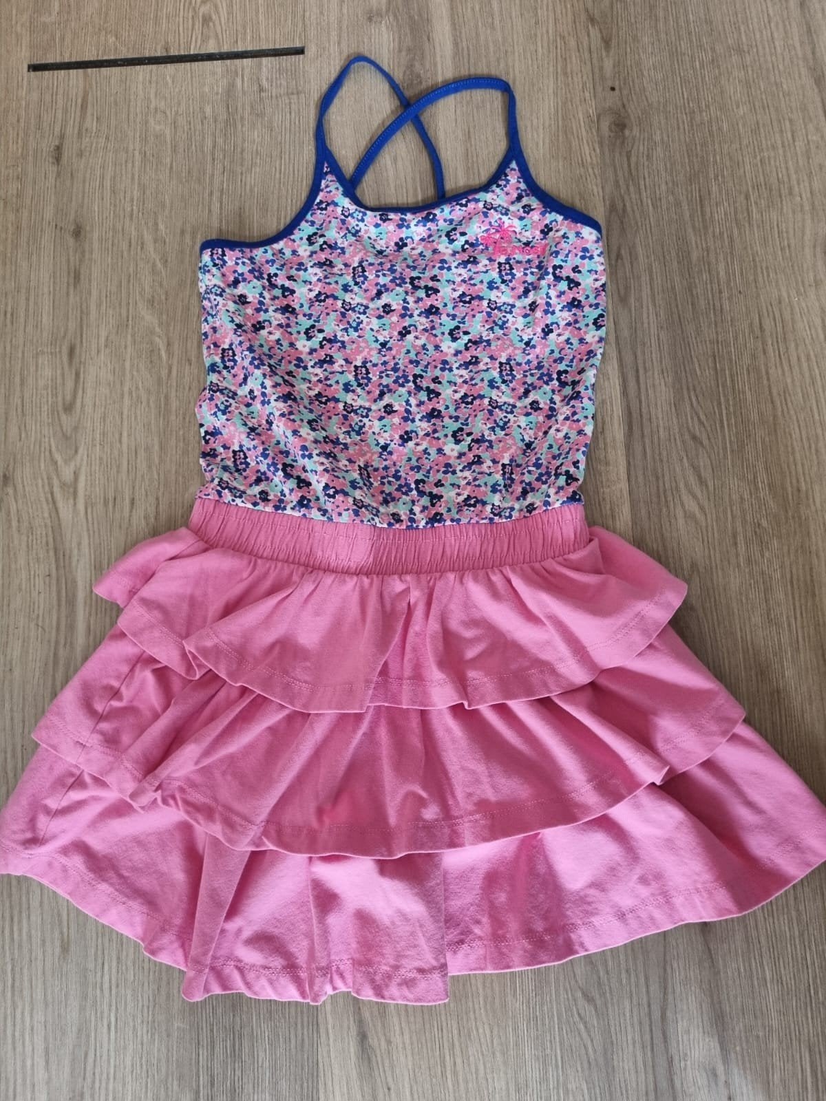 B-Nosy zomerjurk maat 140 met bloemenprint en roze rok, B-nosy, Meisje, Ophalen of Verzenden, Zo goed als nieuw