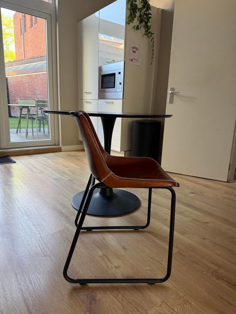 Set van 4 bruine leren eetkamerstoelen met metalen frame, Ophalen, Gebruikt, Bruin, Leer