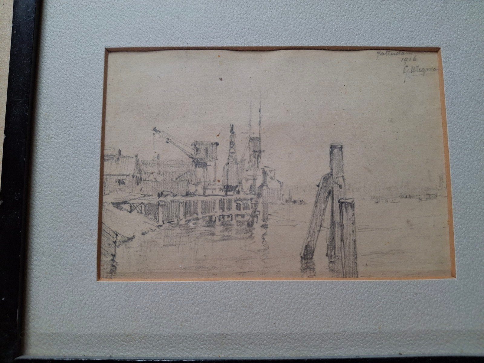 Gerardus Wiegman - Havenzicht 1916 - Potloodtekening, Ophalen of Verzenden, Tekening, Potloodtekening, Gesigneerd