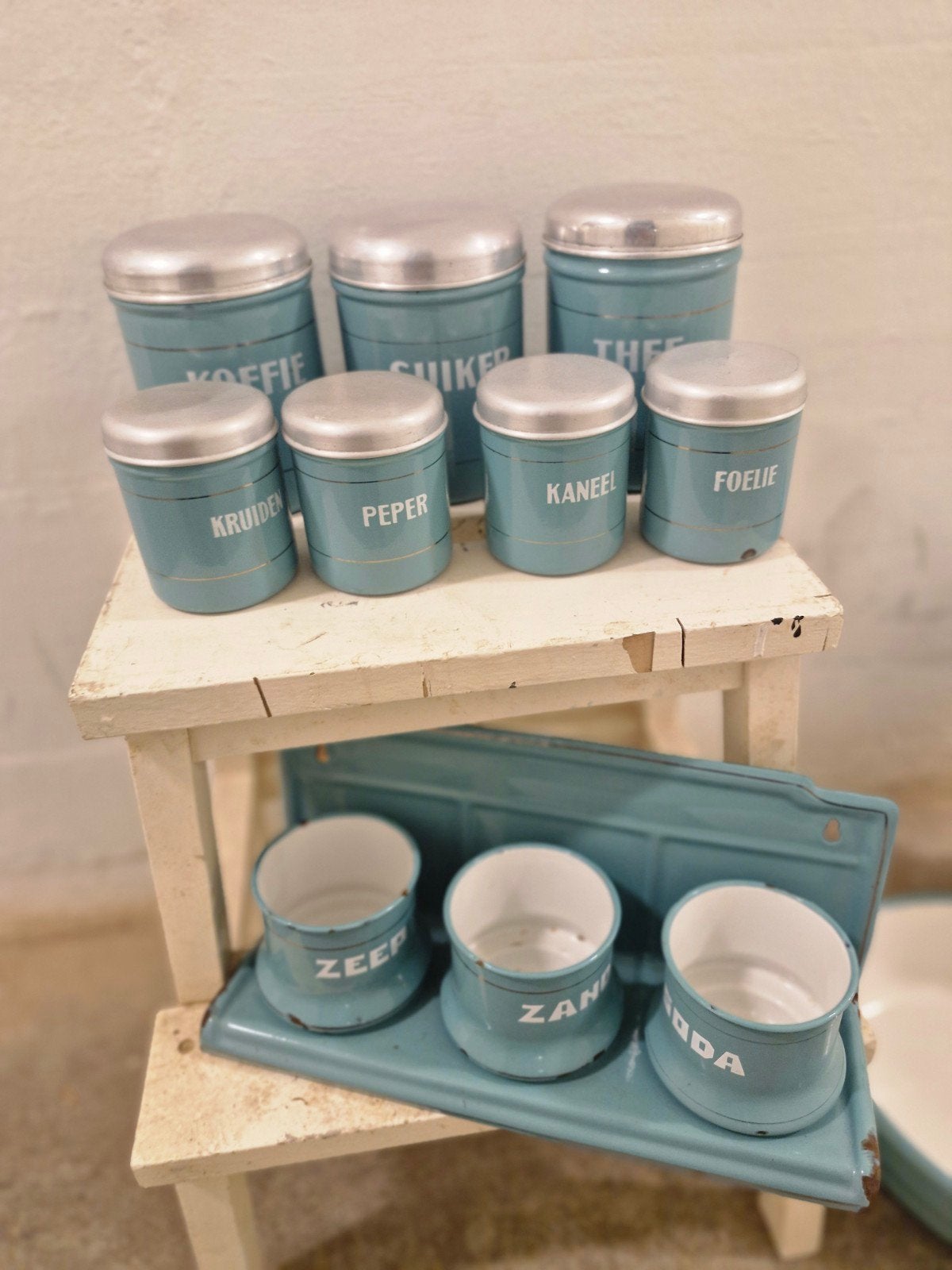 Vintage voorraadblikken en zeep, zand, soda set, Antiek en Kunst, Ophalen