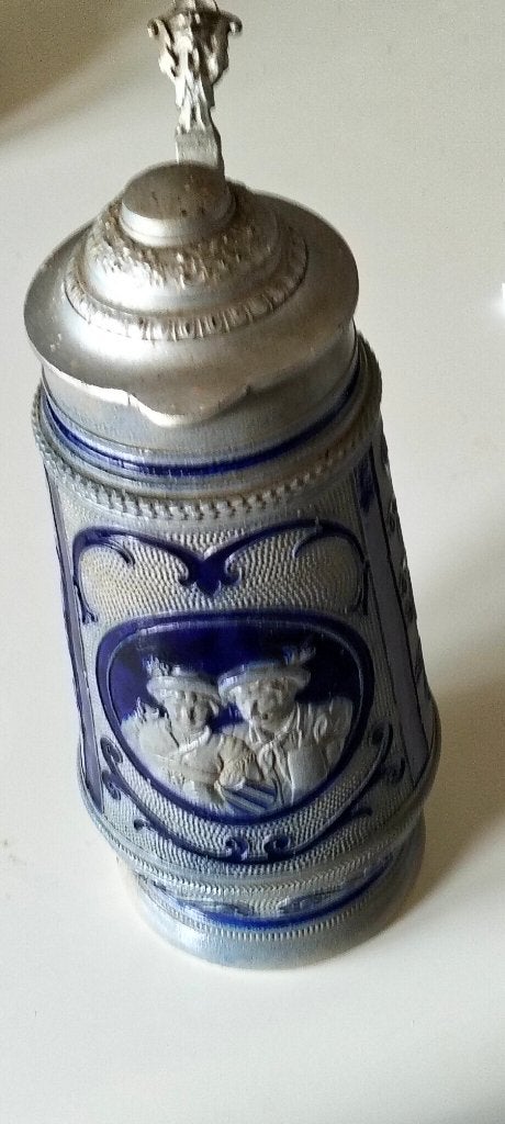 Vintage Bierpul met tinnen deksel en reliëfdecoratie, Ophalen of Verzenden, Zo goed als nieuw