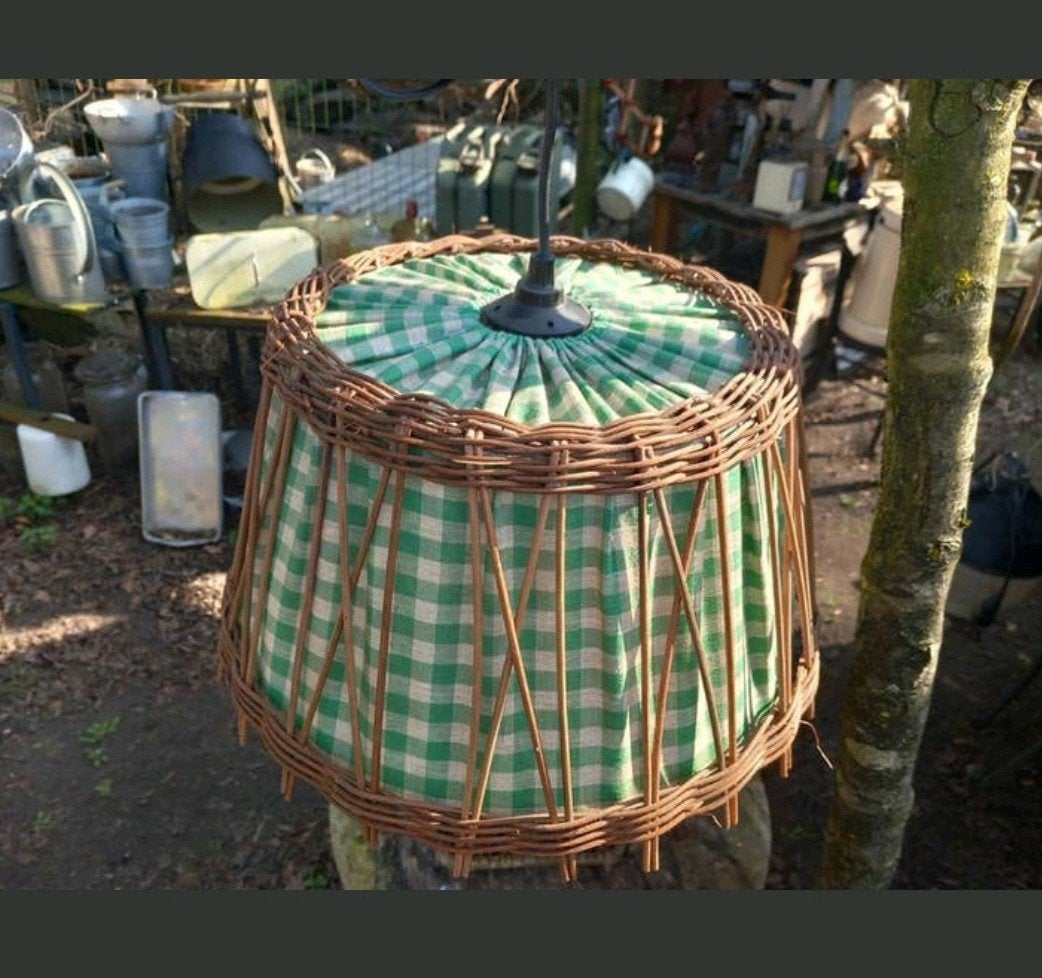 Vintage rieten hanglampen met geruite stoffen kap, Ophalen of Verzenden