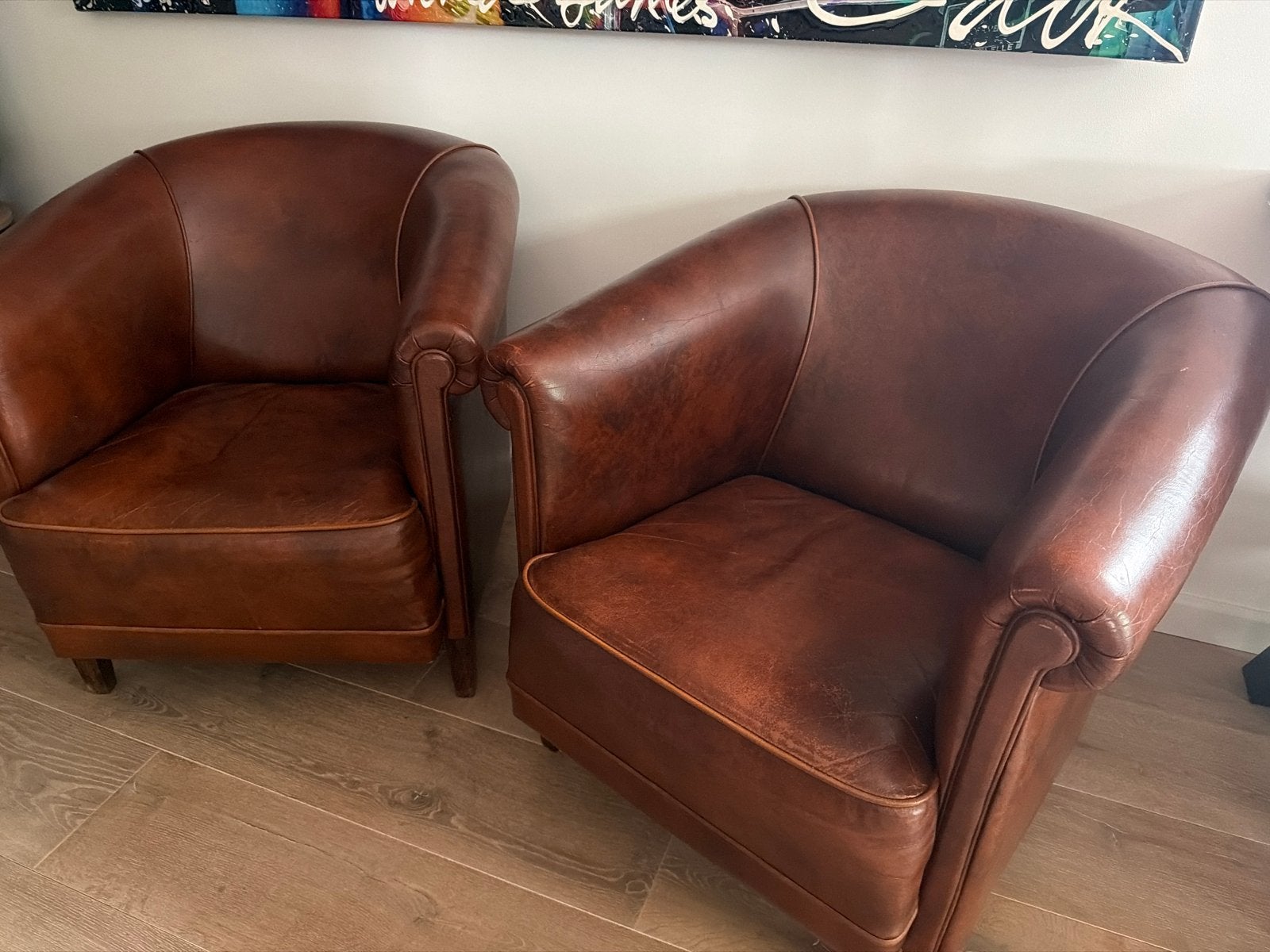 Set van 2 leren fauteuils - Cognac bruin, Ophalen, Gebruikt, Leer, 75 tot 100 cm